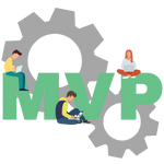 MVP Development Icon with Letters MVP, People sitting & working on laptops