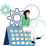 Technical Project Management Icon with Woman Sitting on Calendar Managing a Project