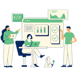 Website Development icon with 1 employee sitting and 2 employees standing presenting design concept.